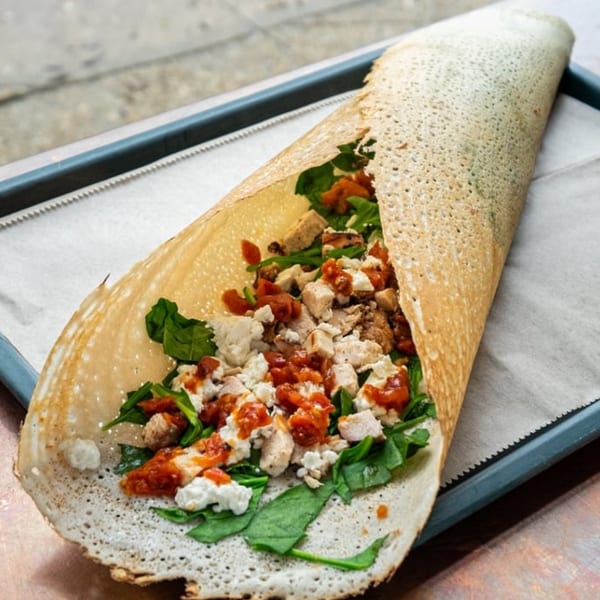 A savory crepe filled with chicken, spinach, feta cheese, and sun-dried tomatoes on a tray.